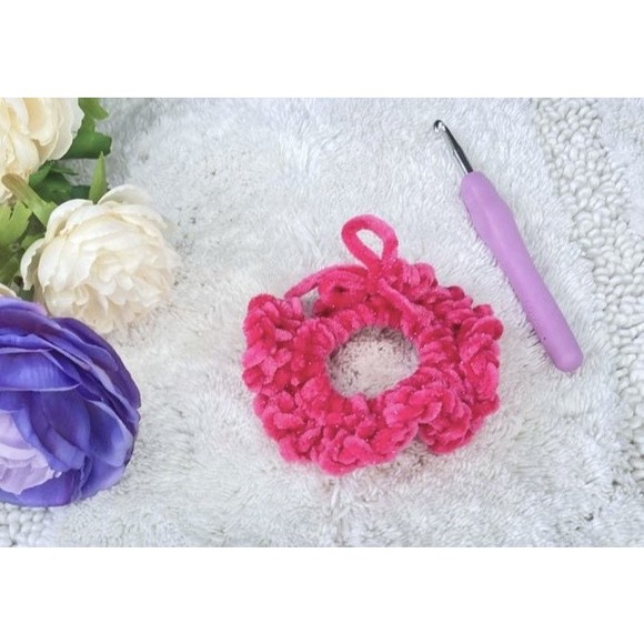 Hot Pink Crocheted Scrunchie. Super Soft Scrunchie. Luxe Velour Sparkle Stylish - Picture 1 of 10